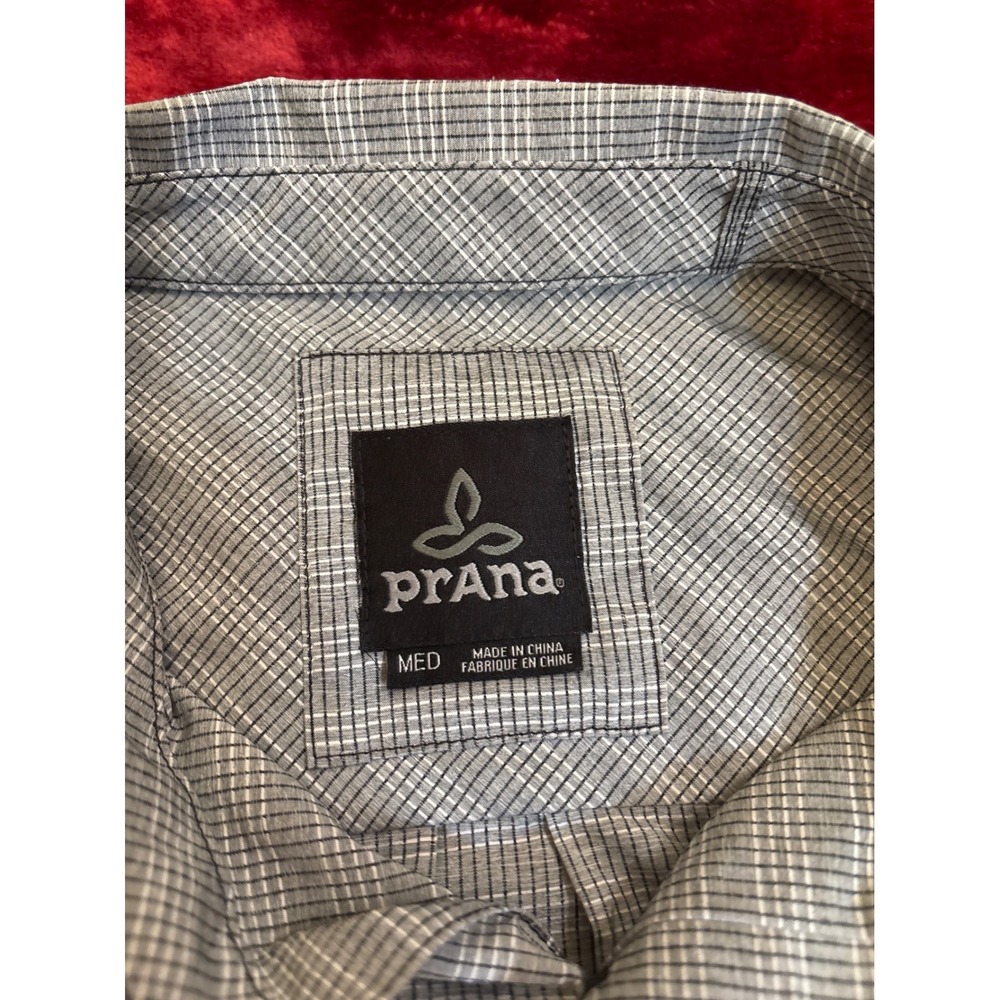 Prana Mens Grey White Micro Check Short Sleeve Button Down Shirt Size Medium
